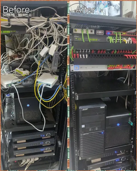Before and after: a server rack rebuilt and rewired