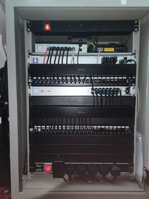 Network rack with patch panels and neat cabling